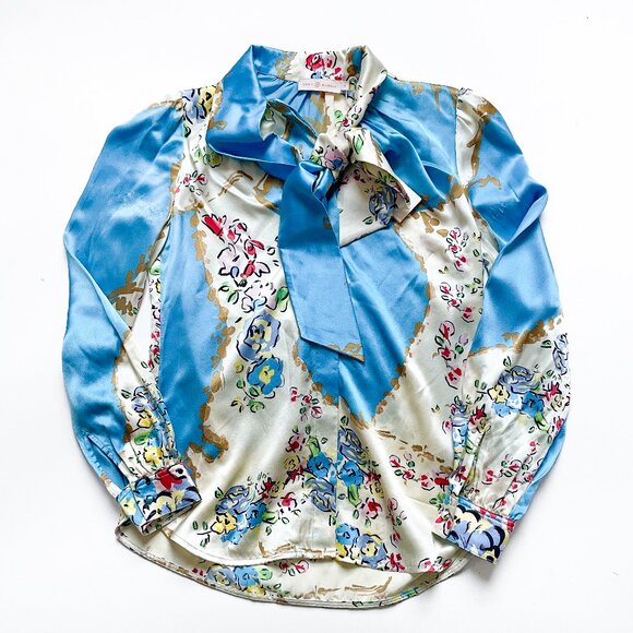 Tory Burch Printed Satin Bow Blouse Porcelain Floral Size 0 NEW NWT w/ flaws - Picture 4 of 15